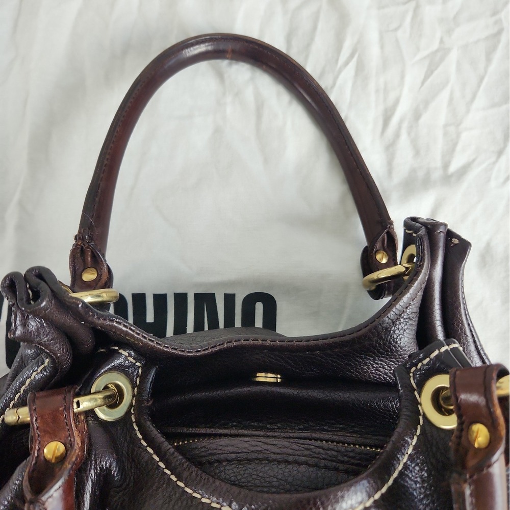 Vintage MOSCHINO Large Brown Pebbled Leather Dual Handle Bag Teal Lining 18" Y2K - Picture 9 of 12